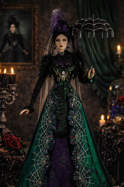 Gothic-style doll in a dark, ornate room with candles and a painting.